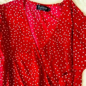 Red and white polkadot wrap dress